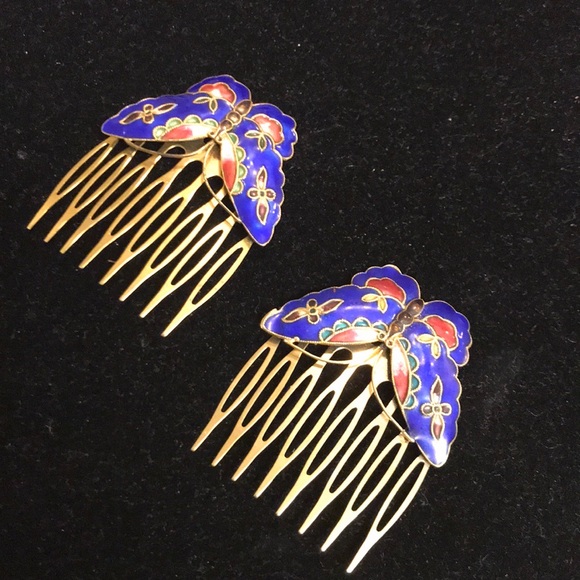 Vintage Accessories - 80s Vintage Butterfly Enamel Cobalt Blue Combs